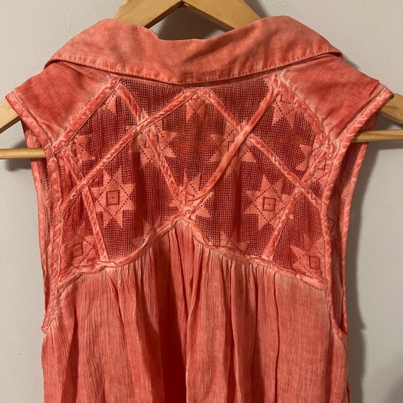 Free People Gauze Acid Wash Tie Dye Tunic Top Coral Boho Size XS Lace Collared - Picture 7 of 7